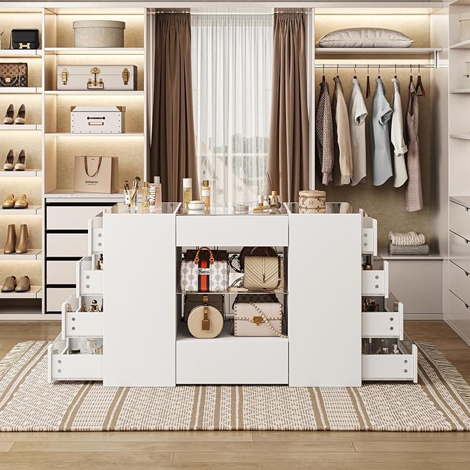 LIVAUVEAD Closet Island with Drawers, Wardrobe Armoire Bedroom Island, Glass Display Shelf & 12 Drawers, White Dresser with Glass Top, Walk-in Closet Island for Bedroom, Cloakroom