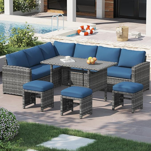 U-MAX 7 Pieces Patio Furniture Set, Outdoor Sectional Sofa Conversation Set, All Weather Wicker Rattan Dining Table & Chair with Ottoman, Grey Rattan&Dark Blue Cushion