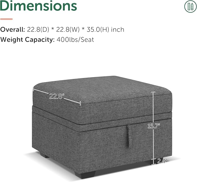 HONBAY Storage Ottoman Module for Sectional Sleeper Sofa with Pull Out Bed, Movable Footrest Ottoman for Modular Couch, Dark Grey