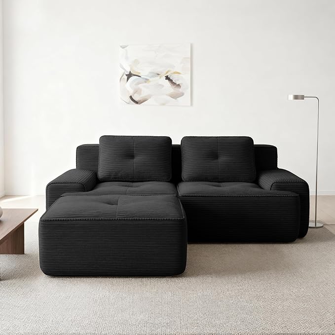 Casaphoria 80" Black Corduroy Cloud Couch, Boneless Modular Sectional Sofa for Living Room with Deep 2-Seat & 1-Ottoman, L Shape Cloud Couch No Assembly Required