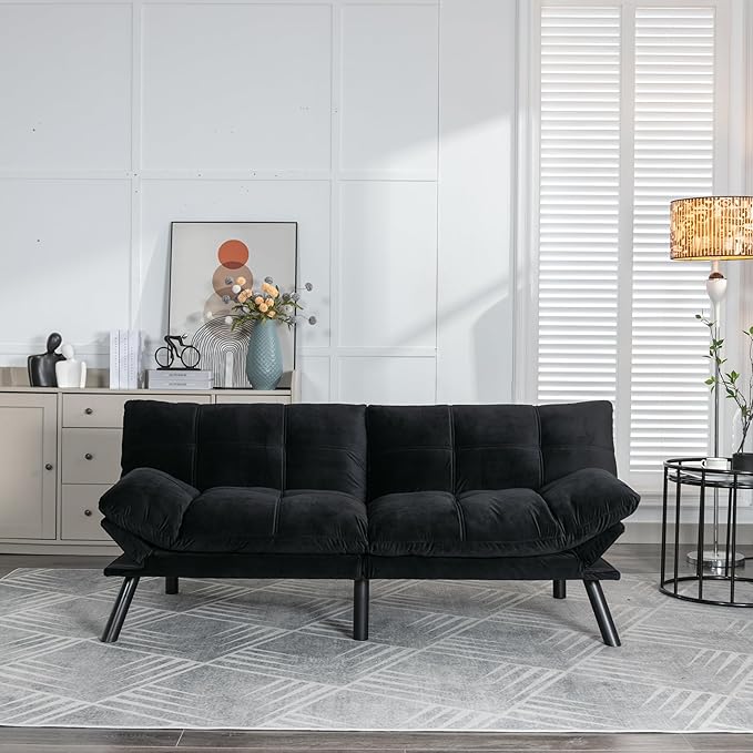 Ball & Cast 71" Futon Sofa Bed, Mordern Upholstered 2 Seater Couch with Adjustable Backrest,Folding Loveseat with Metal Legs for Living Room,Office,Black