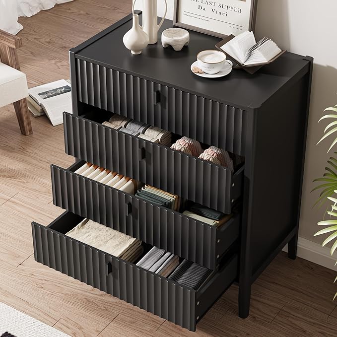 MAISONARIA 3-Piece Dresser Bedroom Set, 4 Drawer Dresser & 2 Drawer Nightstands with Metal Handles, Fluted Wood Chest of Drawers for Bedroom, Living Room, Entryway, Black