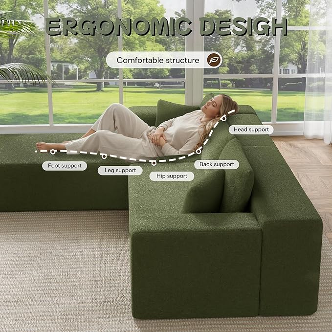Cloud Sectional Couch, 105” Fluffy Modular L-Shape Sofa with Right Chaise Lounge, Modular Sectional Sofa in a Box, Boneless Couch for Living Room, No Assembly Required, Wool Green