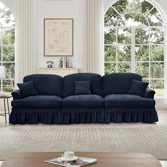 KEIKI Mid Century Modular Sofa with Flared Arms and Skirted Design, 107” Oversized 3-Seater Chenille Sectional Couches for Living Room, Soft Apartment Size Couch, Home Sofa Bedroom Furniture, Blue