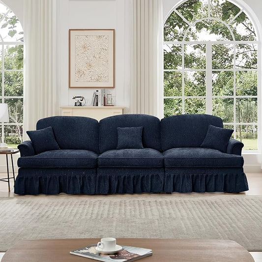KEIKI Mid Century Modular Sofa with Flared Arms and Skirted Design, 107” Oversized 3-Seater Chenille Sectional Couches for Living Room, Soft Apartment Size Couch, Home Sofa Bedroom Furniture, Blue
