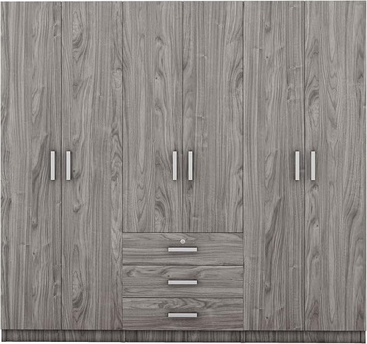 6 Door Armoire Wardrobe Closet with Big 3 Drawers, Wooden Freestanding Bathroom Armoire Cabinet with Shelves and Hanging Rod, Clothes Storage Organizer for Bedroom, Guest Room (Gray-8)