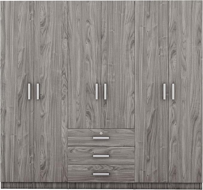68" H Large 6 Doors Wooden Wardrobe Closet, Freestanding Armoire Wardrobe Closet Cabinet with 3 Drawers, Shelves and Hanging Rod for Hanging Clothes, Coat Closets for Bedroom, Gray
