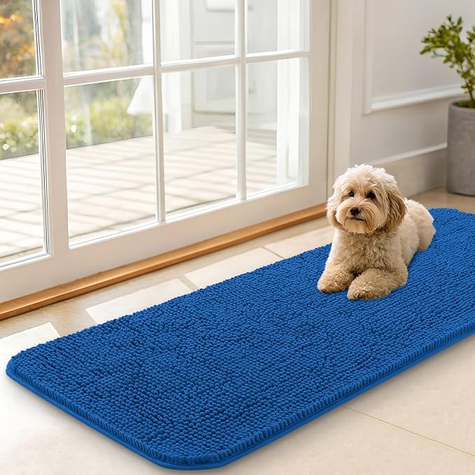 OLANLY Dog Door Mat for Muddy Paws 47x17, Absorbs Moisture and Dirt, Absorbent Non-Slip Washable Doormat, Quick Dry Chenille Mud Mat, Entry Indoor Entryway Carpet for Inside Floor, Deep Navy Blue by OLANLY