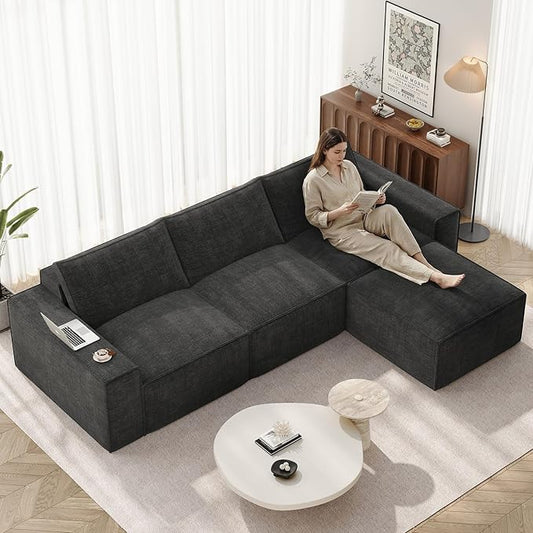 Vesgantti 114" Modular Boneless Couch, Modern 3 Seater Sectional Sofa with Ottoman & Deep Seat, Convertible Chenille L Shaped Cloud Couches for Living Room, No Assembly Required, Dark Grey