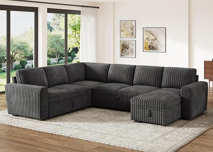HONBAY Modular Sectional Sleeper Sofa with Pull Out Bed,Corduroy U Shaped Couch with Storage, Sectional Couches for Living Room,Dark Grey