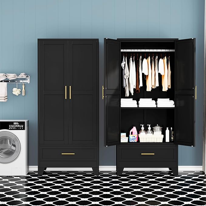 GAIOUS Steel Armoire Wardrobe Closet, 71" Household Wardrobe Cabinet with 2 Doors, 1 Adjustable Shelf and 1 Drawers, Metal Clothing Storage Cabinet with Hanging Rod for Bedroom, Cloak Room,Gym(Black)