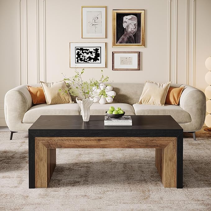 Tribesigns 47-Inch Coffee Table for Living Room, Mid-Century Modern Coffee Table with Sturdy Base, Farmhouse Rectangle Accent Center for Apartment, Easy Assembly (Black & Walnut)
