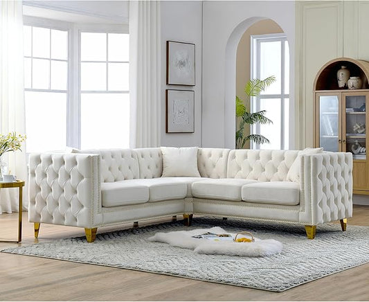 KEIKI 82.2" Velvet Corner Sofa, Tufted 5 Seat Couch, L-Shaped Sectional Couch for Living Room, Buttons Tufted Square Arm Couch for Home Apartment, Beige