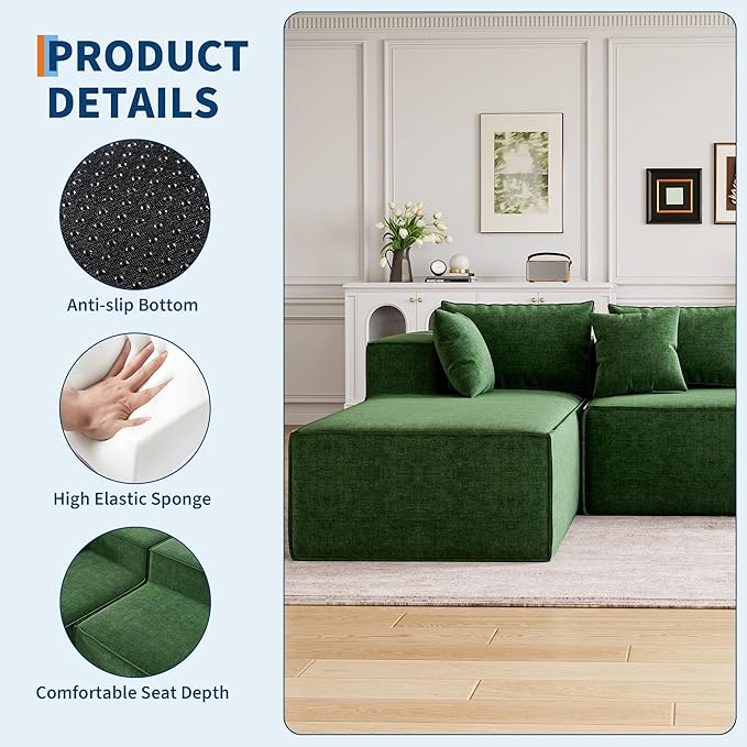 GarveeHome Modular Sectional Couches for Living Room, Cloud Sectional Couch with Deep Seat, 106.7 in Modular L-Shape Sofa with Chaise, Upholstered Couches for Bedroom, Chenille Green