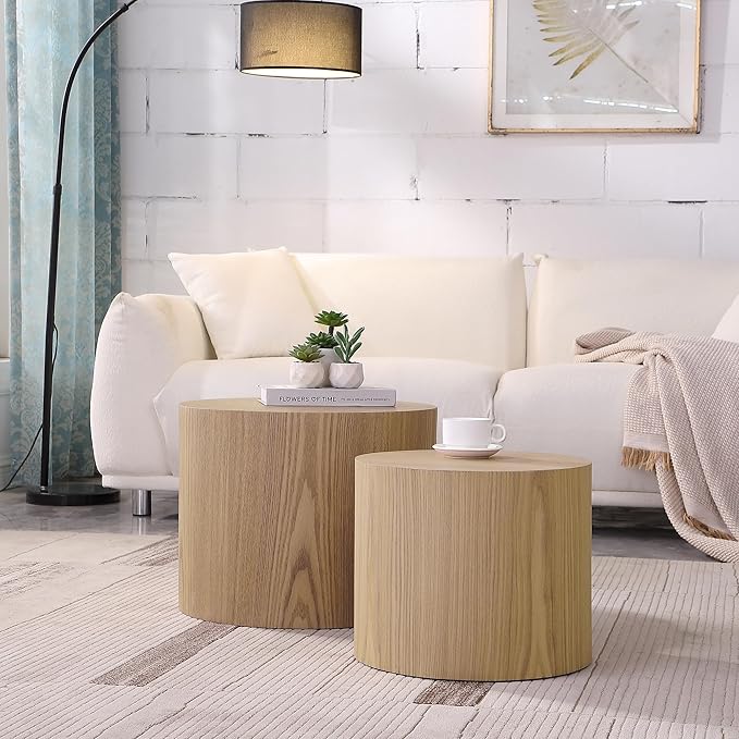 Small Round Coffee Table Nesting End Table Set of 2, Wood Side Circle Accent Tables for Small Spaces Living Room Bedroom Balcony Office, Oak