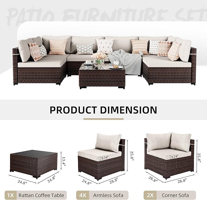 UPHA 7 Pieces Patio Furniture Sets, Wicker Outdoor Sectional Sofa Couch with Coffee Table, Patio Conversation Set for Deck Backyard Garden, Brown Rattan, White Cushion