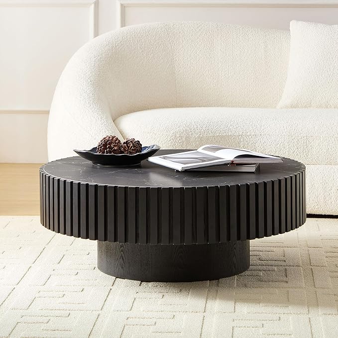 35.43'' Round Coffee Table with Faux Marble Tabletop, Modern Drum Center Coffee Tables Luxury Circle Coffee Table for Bedroom,Apartment,Living Room-Black