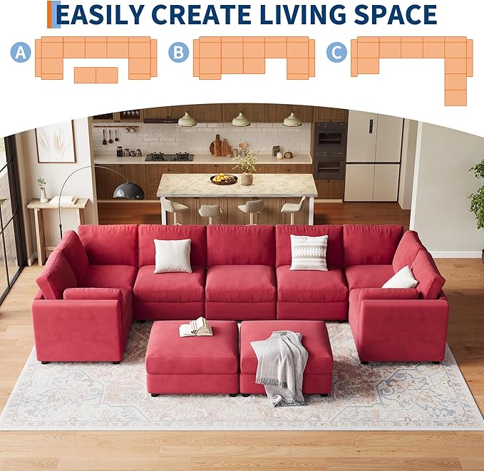 IDEALHOUSE 172" Modular Sectional Sofa, 9 Seater Sectional Couch, U-Shape Modern Sofa with Ottoman, Deep Seat, Oversized Convertible Modular Couch for Living Room Apartment Office, Chenille, Red