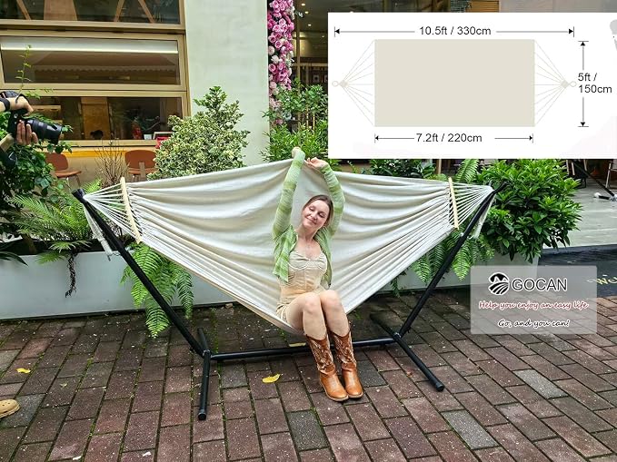 GOCAN Double Hammock 2 Person Extra Large 86inx59in Total Length 129in Load 500lb Canvas Cotton Hammock for Patio Porch Garden Backyard Lounging Outdoor and Lndoor with Removable Spreader Bar - Image 2