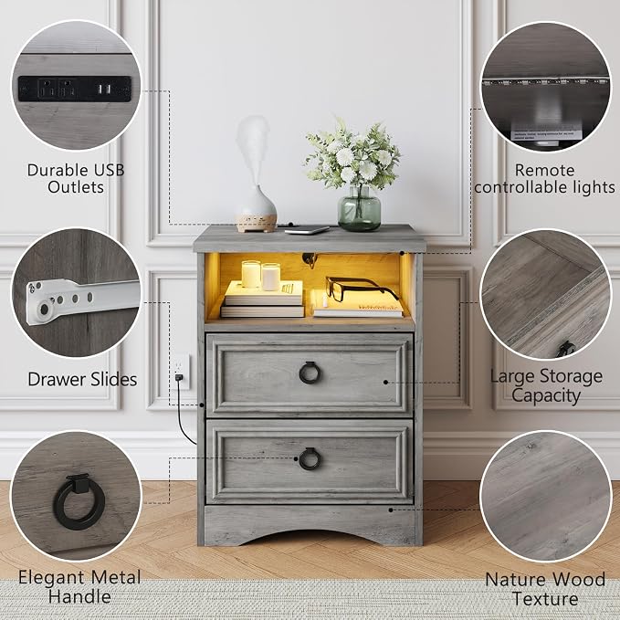LGHM Set of 2 Nightstand with Charger Station Strip Lights, Large Night Stand with 2 Drawers,17.7" W Accent Bed Side Table and End Table with Large Open Compartment for Bedroom, Living Room,Gray - Image 9
