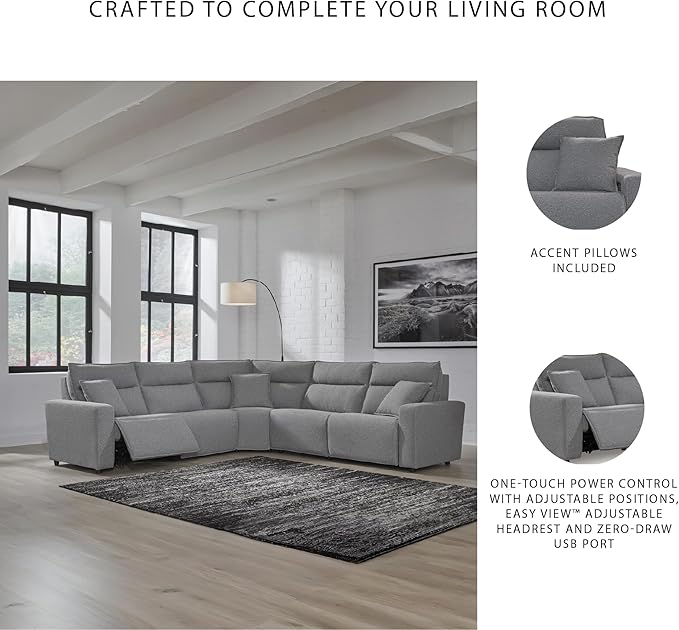 Signature Design by Ashley Modern ModMax II Stain Resistant L-Shape Symmetrical 5-Piece Power Reclining Sectional, Adjustable Headrest and USB Charging Ports, Gray