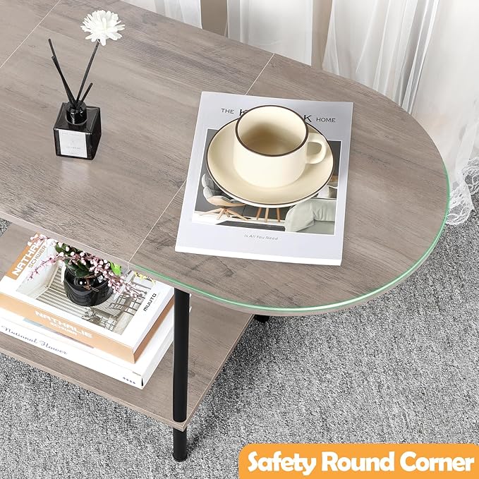 Shinoske Coffee Tables for Living Room,2-Tier Small Oval Center Table Industrial Modern Style Coffee Tables with Storage Shelf and Wood Tabletop for Small Space,Home Office,Rustic Grey