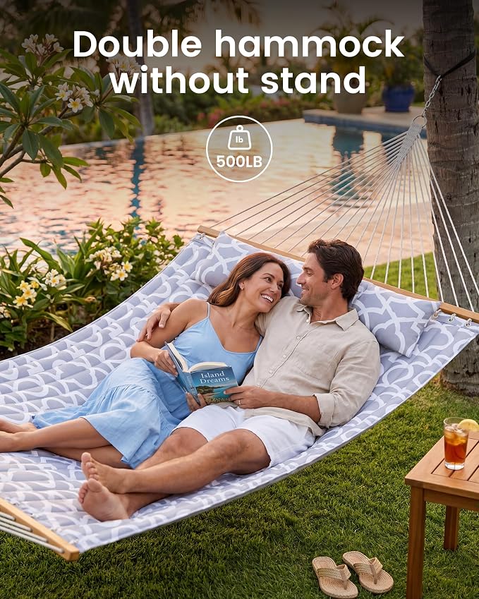ANAGOO Double Quilted Outdoor Hammock for 2 Adults, 500lb Capacity Backyard & Camping Hammock with Pillow and Bamboo Spreader Bar, Fits 11–15ft Hammock Stands (Stand Not Included),Light Gray - Image 2