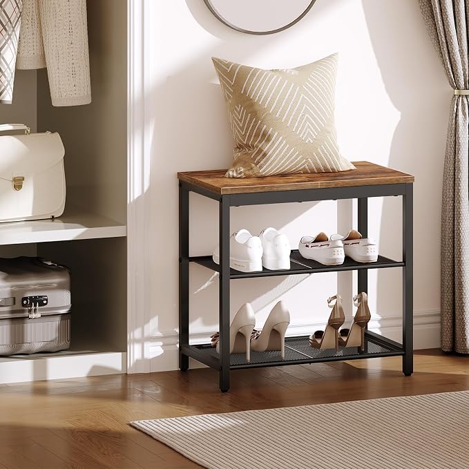 HOOBRO Shoe Bench, 3-Tier Shoe Rack, Industrial Shoe Organizer Storage Bench, 19.7 inches Entry Bench with Mesh Shelves, for Entryway, Living Room, Hallway, Easy Assembly, Rustic Brown BF50HX01 - Image 2