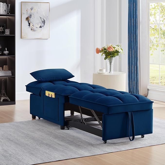 3 in 1 Convertible Sleeper Sofa Chair, Velvet Tufted Single Pull Out Couch Bed with Adjustable Backrest and Pillow, Multi-Function Chaise Lounge with Pockets, for Livingroom, Home Office,Navy