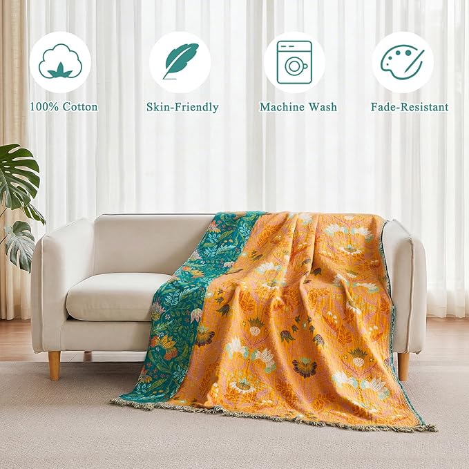 Boho Throw Blanket - 100% Cotton Soft Throw Blanket for Bed, 60"x80" Reversible Breathable Lightweight Spring Blankets, All Seasons Farmhouse Decor Floral Throw Quilt