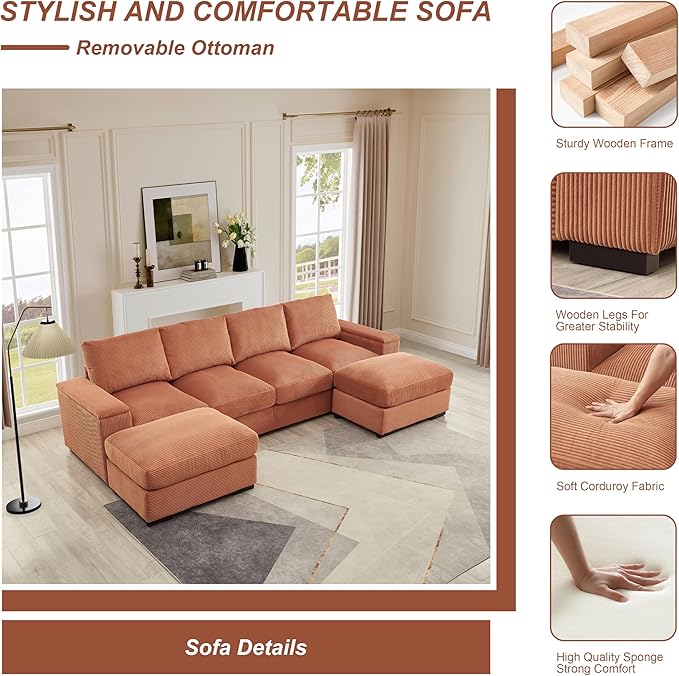 122" Oversized Modular Sectional Sofa Cloud Couch with 2 Ottomans, Comfy Corduroy Upholstered Deep Seat Large U Shaped Lounge Sofa&Couches with Hidden Arm Storage Box