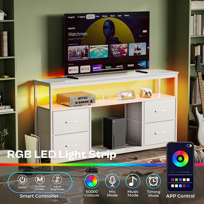 Huuger TV Stand Dresser with Power Outlets and LED Lights, 4 Drawers Entertainment Center with Shelves, 54 Inch Media Console for 55 60 Inch TV, 4 AC Outlets, 2 USBs, Dresser with PU Finish, White - Image 2