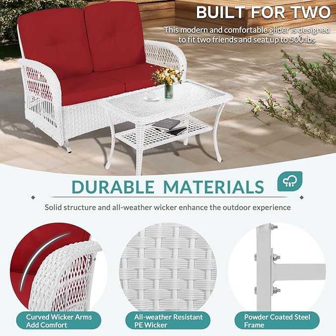 MEETWARM 4 Pieces Outdoor Wicker Patio Conversation Sets with Glider Loveseat, 2 Chairs with Coffee Table Wicker Rocking Glider Set, Patio Conversation Set with Thickened Cushions, White/Red