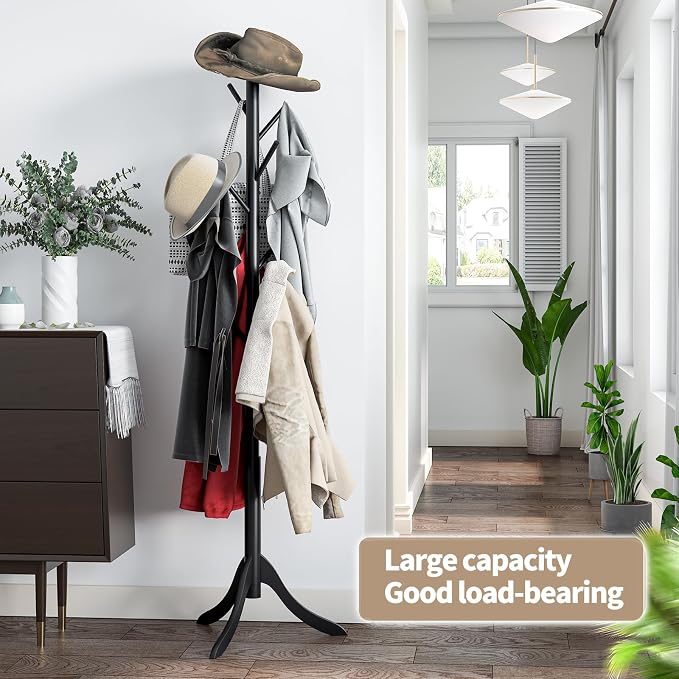 Coat Rack Freestanding, Coat Stands Entryway, Bamboo Coat Rack Hat Hanger 8 Hook for Jacket, Purse, Scarf Rack, Umbrella Tree Stand (Black) - Image 7