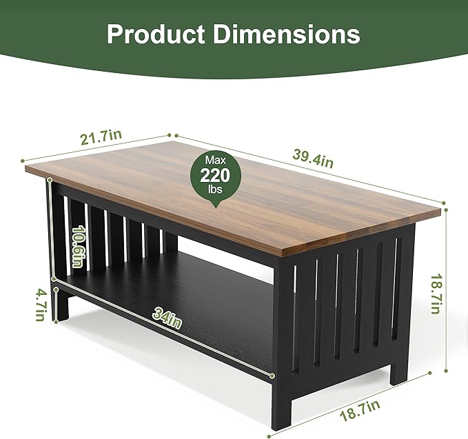 YOSHOOT 39.4" Farmhouse Coffee Table - Coffee Tables for Living Room, Small Coffee Table with Storage, Center Table for Living Room, Bedroom, Office, Black
