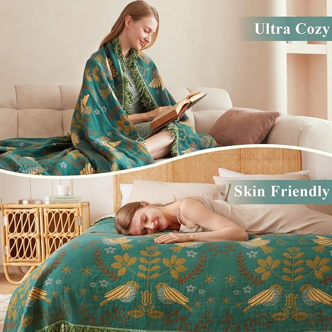 Boho Throw Blanket - 100% Cotton Soft Throw Blanket for Bed, 90"x108" Reversible Breathable Lightweight Spring Blankets, All Seasons Farmhouse Decor Floral Plant Bird Throw Quilt