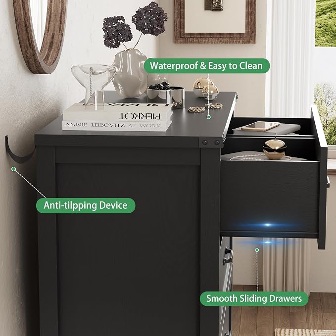 Dresser for Bedroom with 6 Drawers, 49" Tall Wood Chest of Drawers with Deep Drawers & Mental Handle, Modern Dresser TV Stand, Wooden Closet Storage Organizer for Living Room, Hallway, Entryway, Black - Image 6