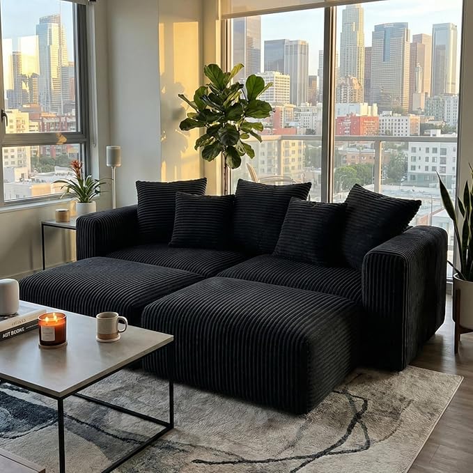 Acanva Corduroy Convertible Modular L Shaped Sectional Sofa, 4 Seater Free Combination Corner Couch, Convertible to DayBed, Wide Loveseat with Moveable Ottomans for Small Spaces, Sleeper Bed, Black