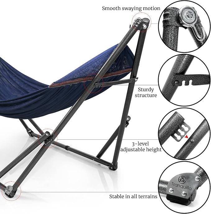 Tranquillo Universal Double Hammock with Stand Included for 2 Persons/Foldable Hammock Stand 600 lbs Capacity Portable Case - Inhouse, Outdoor, Camping, Aegean - Image 8