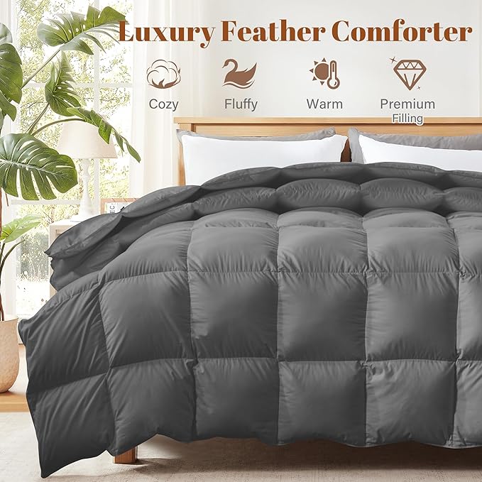 Cosybay Heavyweight Feather Down Fiber Comforter King Size - Thick Dark Grey 100% Cotton Duvet Insert for Winter Climates - Luxury Hotel Bedding Comforter Extra Warmth, King 106x 90 Inch