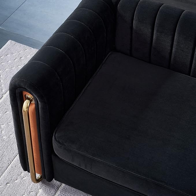 KEIKI 84" Velvet Deep Channel Tufted Sofa with Back Cushions and Rolled Arms, Modern Style 3-Seater Couch with Golden Polished Steel Legs, Easy Assembly, for Living Room, Bedroom, Office, Black