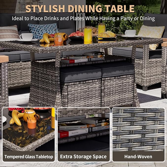 MEISSALIVVE 7 Pieces Patio Furniture Sets, PE Wicker Outdoor Conversation Sets with 2 Wood Armrests Swivel Rocker Chairs, 2 Ottomans, 2-seat Sofa and Dining Table (Grey)
