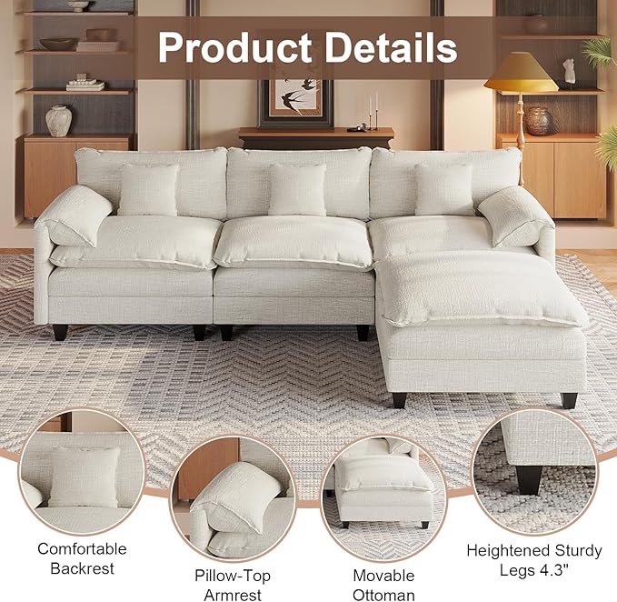Modular Sectional Sofa, 108” Comfy Cloud Couch with Movable Ottoman | Charging Station | Side Pocket | Throw Pillow, Modern L-Shaped Couches for Living Room, Chenille, White