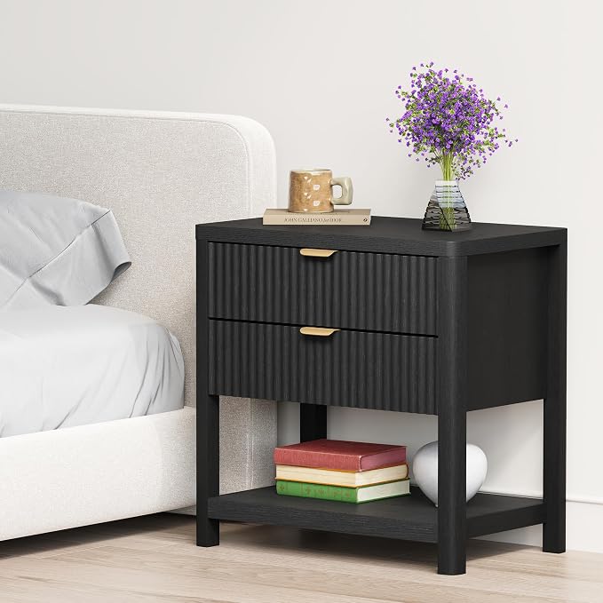 ROCSUMOO Fluted Nightstand with 2 Drawers, Black Night Stand with Open Store, Wooden Bed Side Table, Slide Smooth Easily Open Load Capacity: 66 lb (Black) by ROCSUMOO
