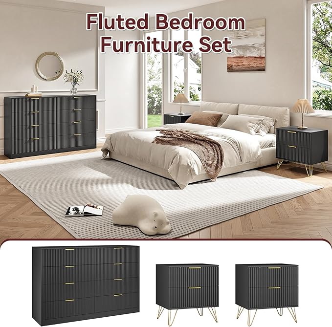 8 Drawer Dresser and Nightstand Sets for Bedroom, 3 Pcs Bedroom Set，Night Stand Set of 2 & 8 Drawer Dresser with Gold Handles, Modern Wood Chest of Drawers Storage Cabinet Set, Black