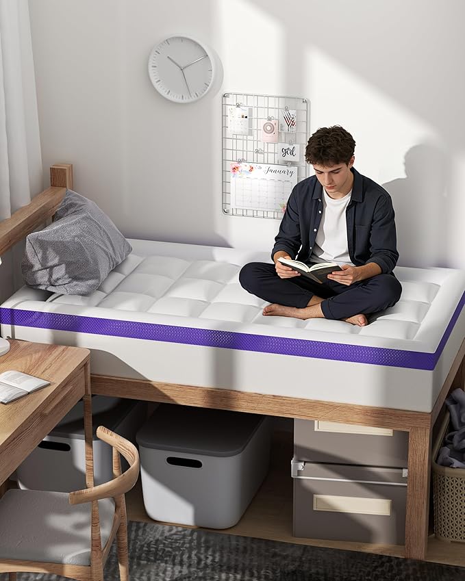 ChiXpace Dual Layer 4 Inch Memory Foam Mattress Topper Twin XL - 2 Inch Gel Memory Foam and 2 Inch Pillow Top Mattress Pad, 7-Zone Egg Crate Twin XL Size Mattress Topper (White)