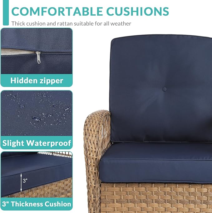 MEETWARM 5 Pieces Outdoor Patio Rattan Furniture Sets, All Weather Patio Wicker Conversation Set - 2 Rocking Swivel Chairs 1 Rattan Loveseat Glider w/Cushions, 2 Glass-Top Coffee Table, Navy Blue