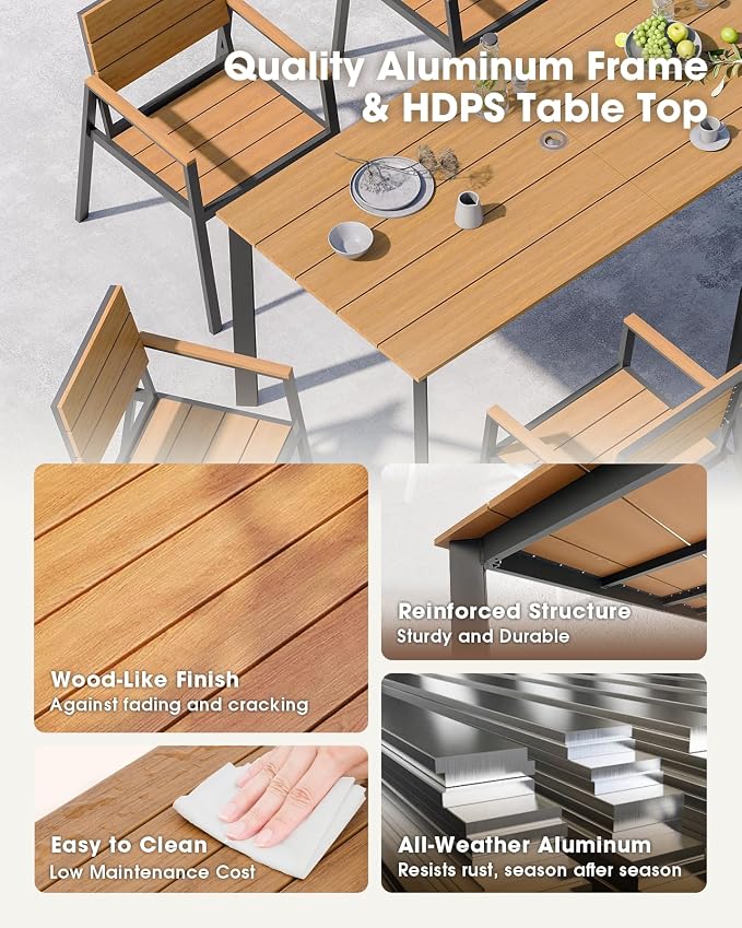 Outdoor Dining Set for 4, Aluminum Patio HDPS Outdooor Table and Chairs Set with Umbrella Hole, All Weather Patio Furniture Set, 5 Peice Patio Dining Table Set (Gray & Teak) - Image 4