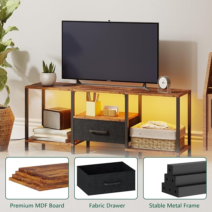 JARHETUN TV Stand with LED Lights, Entertainment Center with Open Shelves and Fabric Drawer, Media Console for 55 Inch TV, Television Stands, Living Room Furniture, Bedroom, Rustic Brown - Image 7