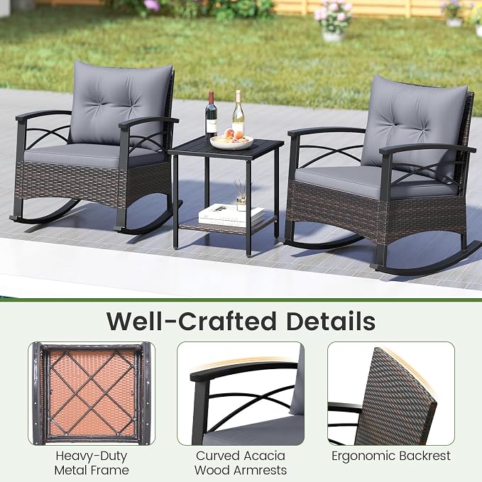 Tangkula 3 Pieces Outdoor Rocking Chairs Set, Rattan Heavy Duty Cushioned Rocker Chairs with 2-Tier Tempered Glass Coffee Table, for Garden, Balcony, Backyard (Gray) - Image 8